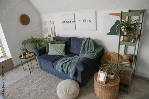 Blue comfortable sofa, tabl...