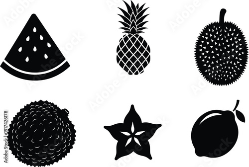 Six black and white fruit icons including watermelon pineapple mango pineapple like fruit starfruit and plum