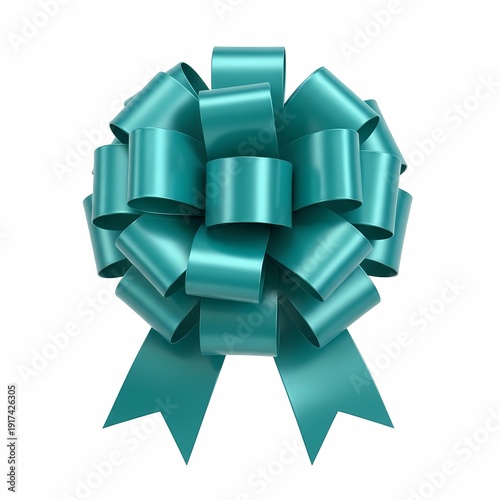 Teal Blue Satin Pom Pom Bow Decoration on White Background