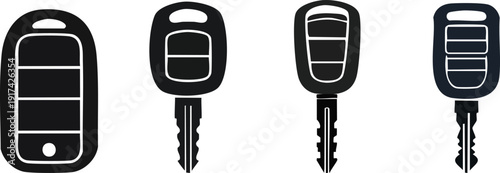 Four black and white digital icons of car keys with different button designs, displayed side by side.