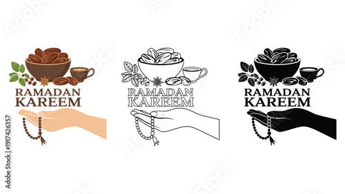 Ramadan Kareem greeting with dates, coffee, and prayer beads held in a hand.