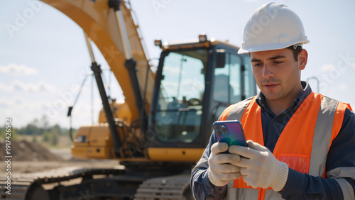 Construction worker using smartphone near excavator. Engineer with mobile phone and heavy machinery at site. Industrial technology concept