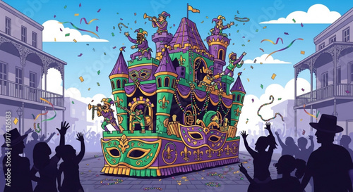 Mardi gras parade float with purple green and gold decorations silhouetted crowd celebrating with confetti in french quarter street