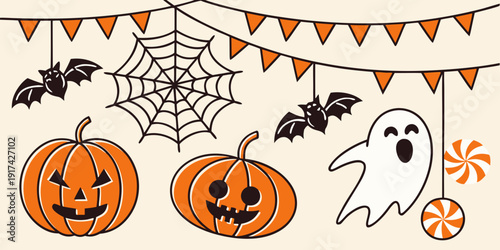 Halloween decorations featuring pumpkins, ghosts, and spiders