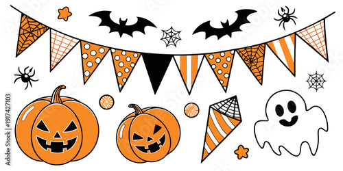 Halloween decorations featuring pumpkins, bats, and spooky elements for festive celebrations