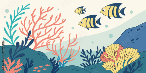 A vibrant underwater scene with colorful fish and coral reefs