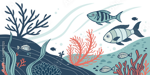 Vibrant underwater scene with diverse marine life and coral reefs