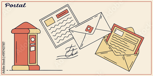 Illustration of a red postbox with envelopes and letters scattered around it
