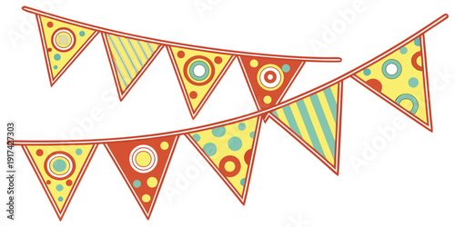 Colorful triangular flags with geometric patterns hanging on a string