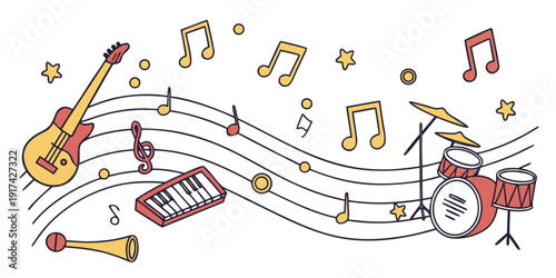 A vibrant illustration of musical instruments and notes floating in a whimsical arrangement.