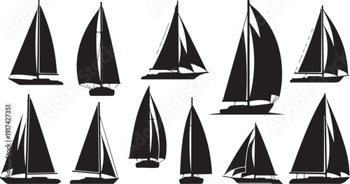 Sailboats on Water in Black and White Silhouette Style