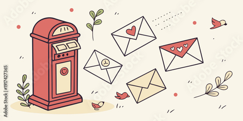 A festive scene featuring a red post box and envelopes with hearts and snowflakes.