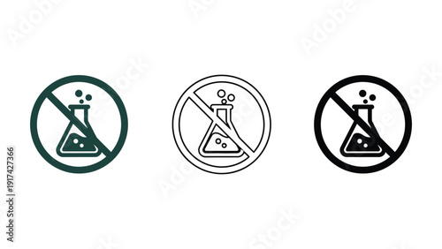 Three icons depicting a prohibition sign over a laboratory flask.