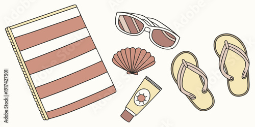 Beach essentials including a towel, sunglasses, sunscreen, and sandals.