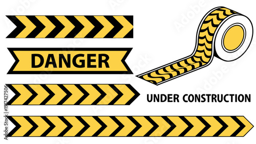 Under construction sign with caution tape and danger warning symbols.