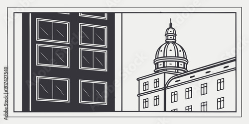 A grand building with a dome and a tall windowed structure next to it