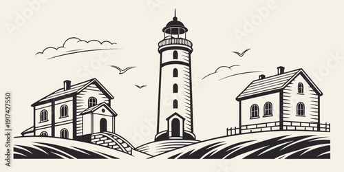 A picturesque scene of a lighthouse standing tall between two quaint houses on a grassy hill.