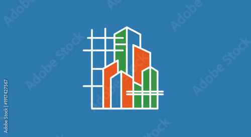 Abstract architectural design with colorful buildings and grid lines.