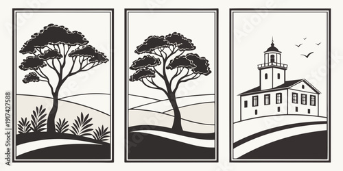 Three distinct scenes featuring trees and a building in a minimalist style