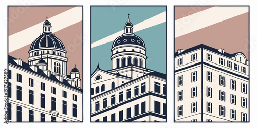 Three distinct buildings showcasing unique architectural designs and features.