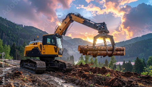 Heavy machinery excavator lifting logs on a forest hill at sunset with mountains in the background