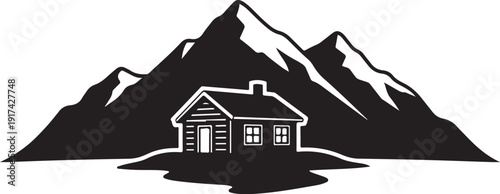 Cozy mountain house in snowy landscape silhouette illustration