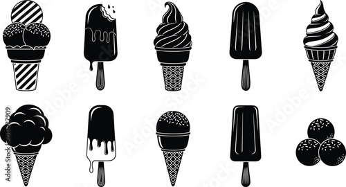 Ice cream cone silhouette set, popsicle and frozen treat icons, dessert dairy snack, cad drawing flat vector illustration, summer refreshing,