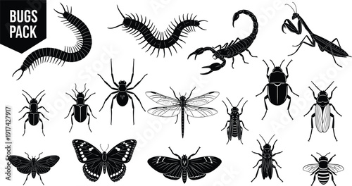 Insects and bugs silhouette collection including butterfly, spider, scorpion, bee, and centipede, cad drawing flat vector illustration for nature design projects.