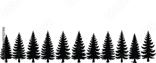 Pine tree silhouette set, coniferous forest nature icons, evergreen spruce elements, cad drawing flat vector illustration, outdoor garden landscaping, woodland,
