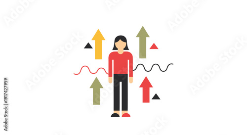 Business growth concept with woman surrounded by colorful arrows, symbolizing progress and success. Includes icons of growth, development, and achievement. 
