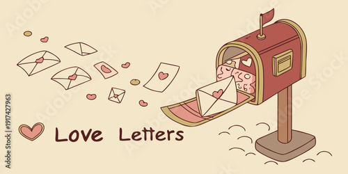 A vintage red mailbox overflowing with love letters and envelopes scattered around it.