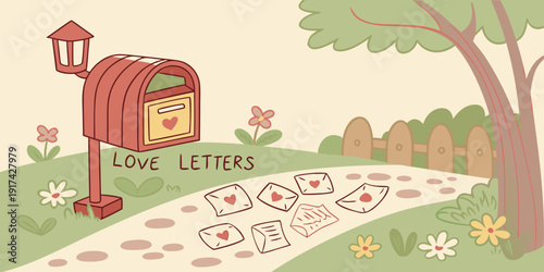 A whimsical illustration of a mailbox surrounded by scattered letters and a tree