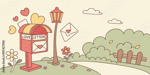 A whimsical scene of a red mailbox standing tall amidst a vibrant garden