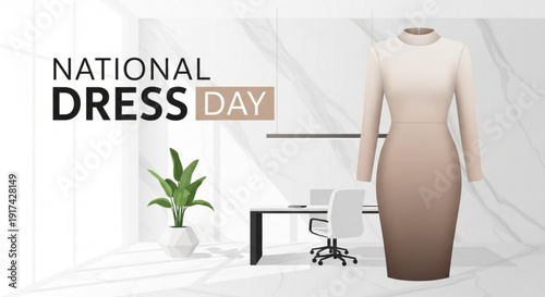 National dress day modern office setting with mannequin wearing gradient dress desk and chair