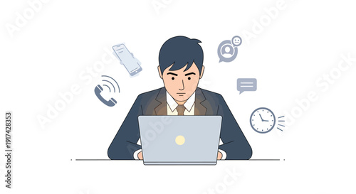 Businessman working on laptop with communication icons around him, isolated on white background.