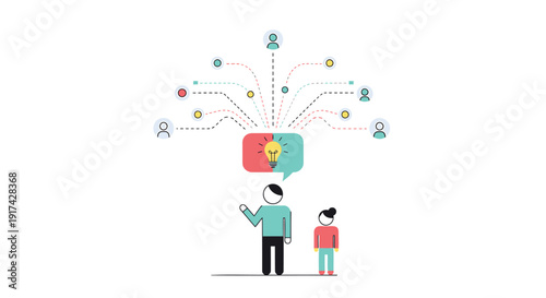 Flat design illustration of a man and woman with a social media network symbol above them, representing online communication and connection.