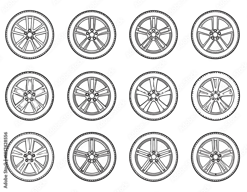 Fototapeta premium Twelve car wheels arranged in rows, varying in spoke number and design, all in black and white line art
