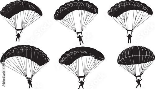 Parachuters in free fall with open parachutes in black