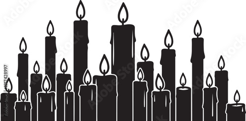 Black candles with flames on white background illustration