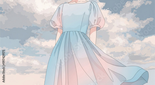 Woman in flowing blue dress standing against serene cloudy sky with soft pink accents