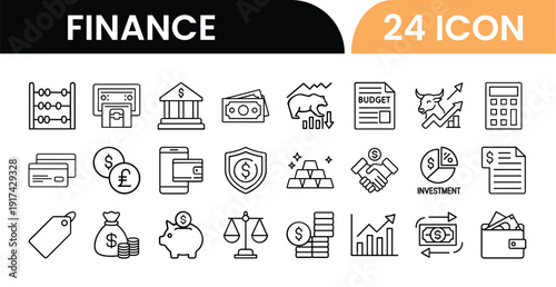 Outline Finance Icon Set in Line Art Style for Money, Banking, Investment, Budget, Accounting, Profit, Loss, and Digital Interface Design