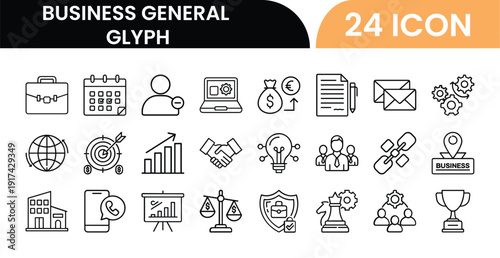 Solid Business General Icon Set in Glyph Style for Finance, Management, Marketing, Strategy, Office, Analytics, and Digital Interface Design
