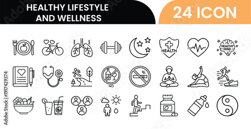 Outline Healthy Lifestyle and Wellness Icon Set in Line Art Style for Fitness, Nutrition, Yoga, Meditation, Diet, Healthcare, Mental Health, and Digital Interface Design