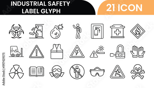 Industrial safety label glyph icons collection for workplace hazard warning