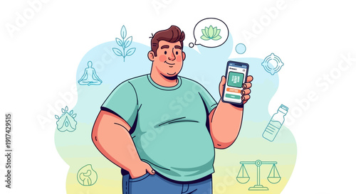 Happy overweight man using a health and wellness app on his smartphone