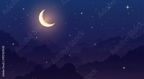 Crescent moon shining brightly in a starry night sky with dark clouds and mountains