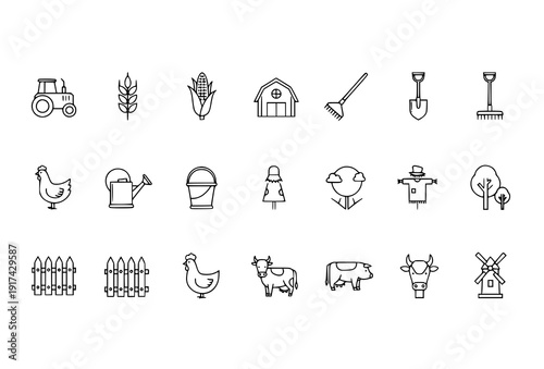 Modern farming agriculture thin line icon set with tractor barn animals and tools outline vector collection