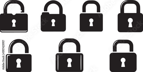Black padlocks with white keys on a white background