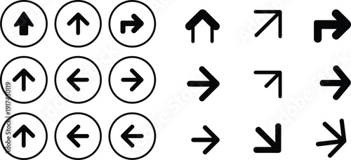 Arrow icon illustration set, direction symbol artwork, navigation vector design, pointer graphic pack, interface collection, stylized arrow sketch, black silhouette