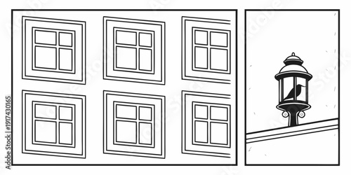 A vintage street lamp standing beside a row of six windows on a brick wall.